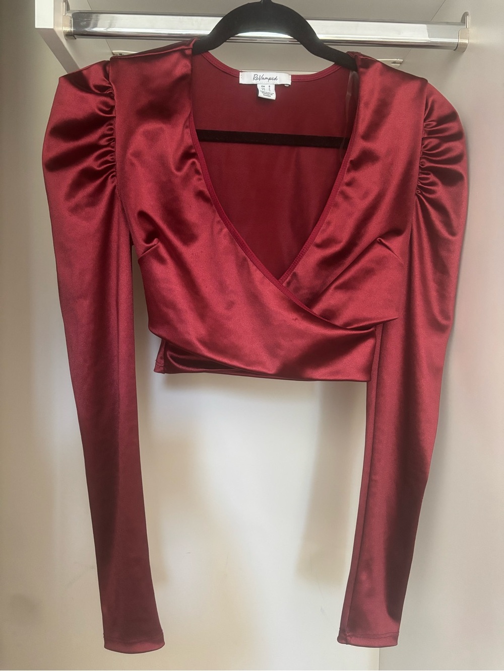 Maroon Burgundy Red Silk Satin Style Full Sleeve Cut Out Crop Top